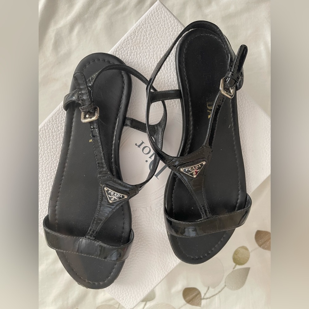 Authentic Prada black patent Sandal flats size 38